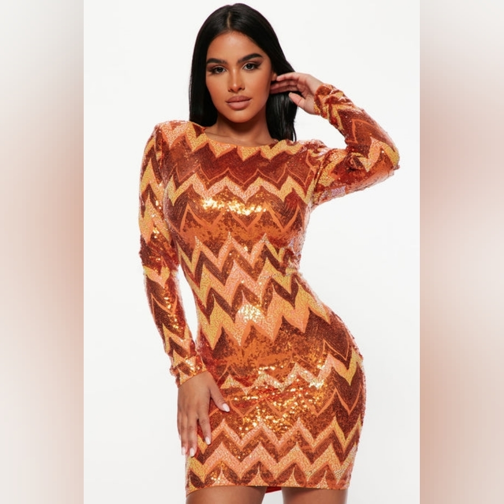 Fashion Nova Orange Sequin Long Sleeve Dress
